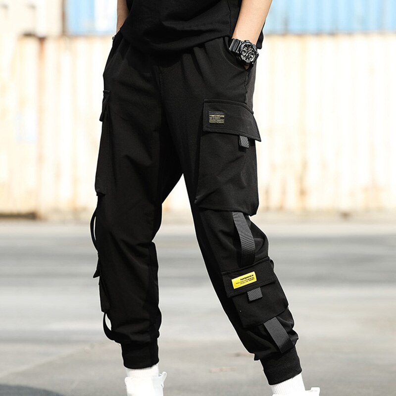 Streetwear Hip Hop noir sarouel hommes taille élastique pantalon de sport avec rubans décontracté mince survêtement pantalon hommes Hip Hop pantalon