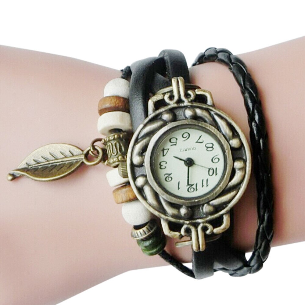 Vrouw Armband Horloge Lederen Band Leaf Hanger Ladie Horloge Retro Eenvoudige Quartz Lady Klok Relogi montre dames horloges # W