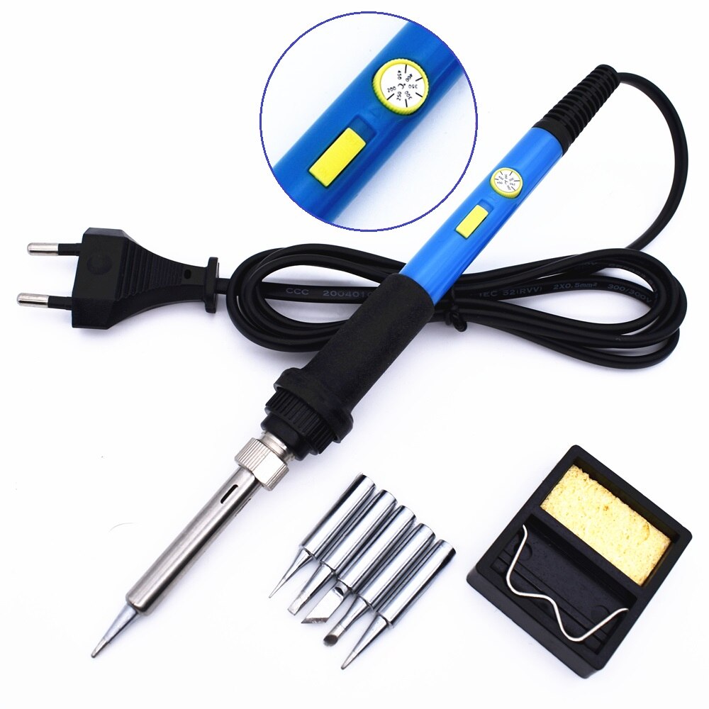 EU Plug 220V 60W Electrical Soldering Iron Kit with Power Switch 5 Solder Tips Adjustable Temperature Welding Rework Repair Tool