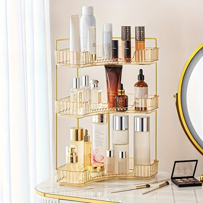 Triangular storage box rack, light luxury corner cosmetics rack, transparent bathroom jewelry rack.