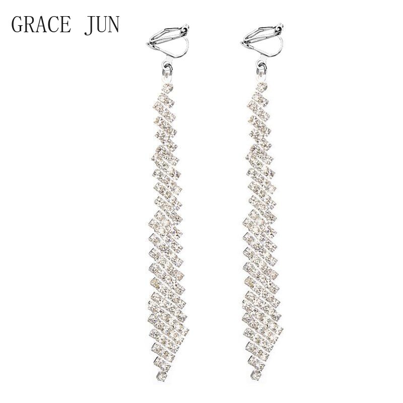 GRACE JUN Full Rhinestone Long Dangle Clip on Earrings Women&#39;s Party Wedding Boho Earrings Jewelry Ear Clip