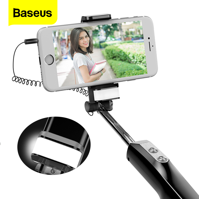 Baseus Wired Selfie Stick Voor Iphone Met Beauty-Huid Vullen Licht Achteruitkijkspiegel Uitschuifbare Zelf Stok 3.5 Mm Jack voor Samsung Huawei