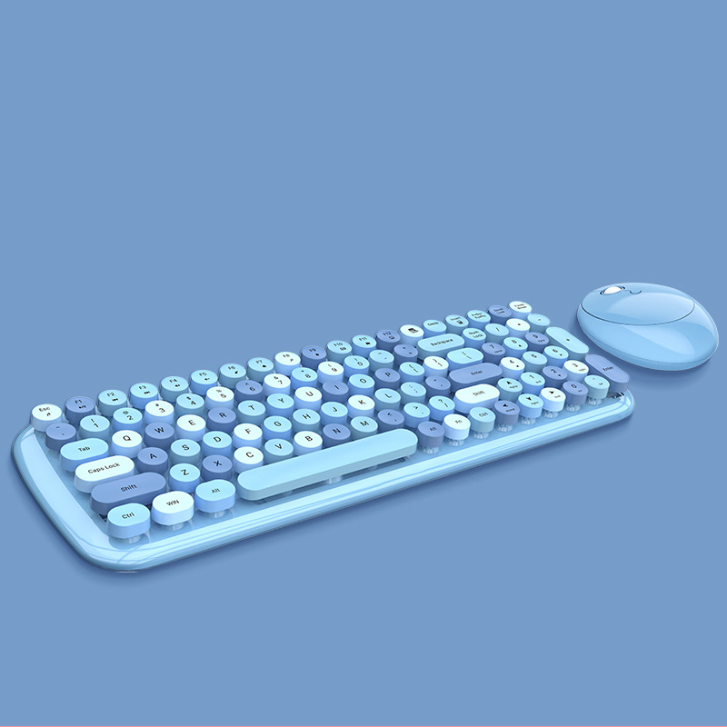 Kit de clavier et souris sans fil 2.4G pour filles, rétro, Vintage, 84 touches rondes colorées, Orange, rose, bleu, vert, pour ordinateur portable,: blue-100 keys