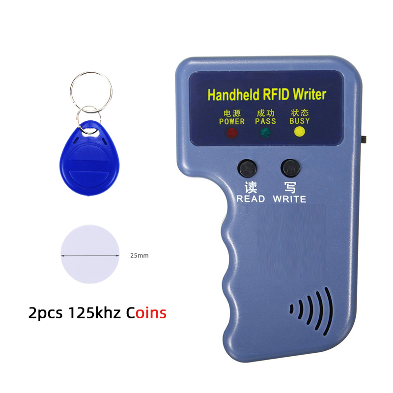 Repetitive Handheld 125KHz EM4100 5200 RFID ID Card Writer Copier Duplicator Programmer + 2pcs T5577 Rewritable Keyfobs Tags: Blue