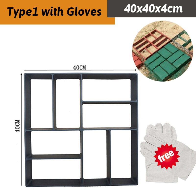 12Type DIY Garden Walk Pavement Mold Reusable Path Maker Concrete Molds Manually Paving Cement Brick Stone Road Concrete Molds: Type1 with Gloves