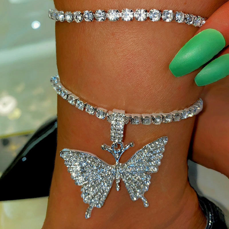 Caraquet Bling Crystal Tennis Chain Big Butterfly Anklet for Women Butterfly Charm Anklet Foot Chain Rhinestone Jewelry