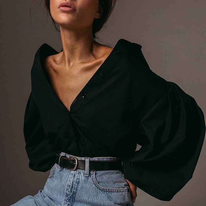 Aonibeier Lady Shirt Exaggerated Lantern Sleeve Button Front Women Casual Blouses Spring Autumn Loose White Shirts Tops