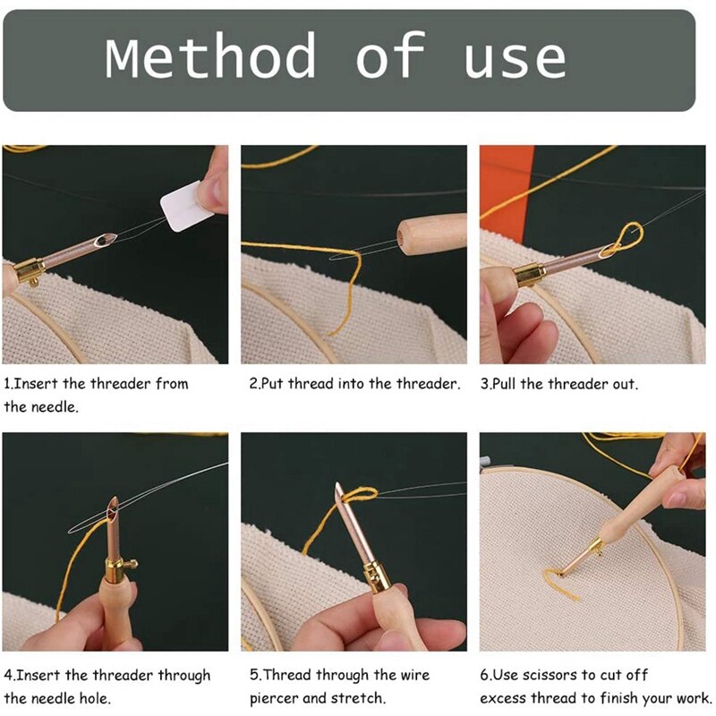 Wooden Handle Embroidery Pens and Threader,Sewing Punch Needle Set Embroidery Punch Needle Weaving Tools for DIY Craft