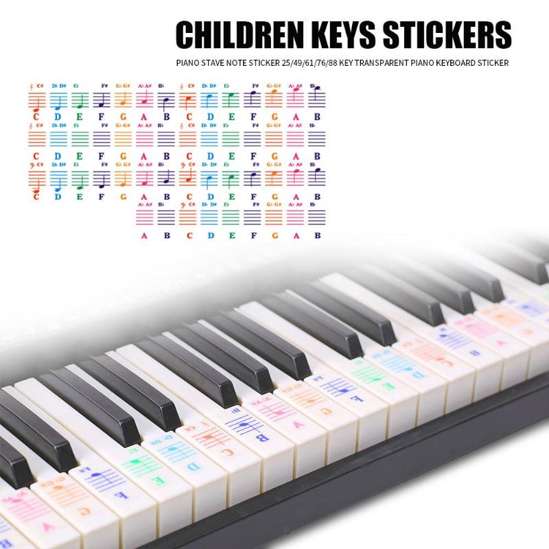Durable Spectrum Keyboard Stickers Hit Color Transparent 25/49/61/76/88 Key Piano Keyboard Stave Note Sticker for Children