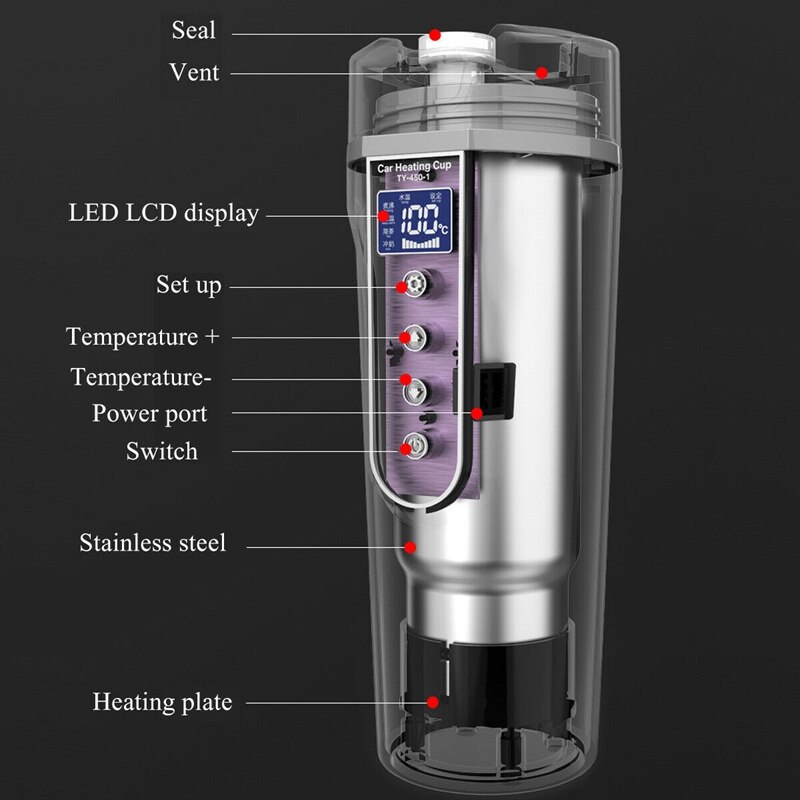 12V 24V Portable Car Heating Cup Stainless Steel Cup Warmer Car Water Kettle Coffee Mug LCD Display Temperature