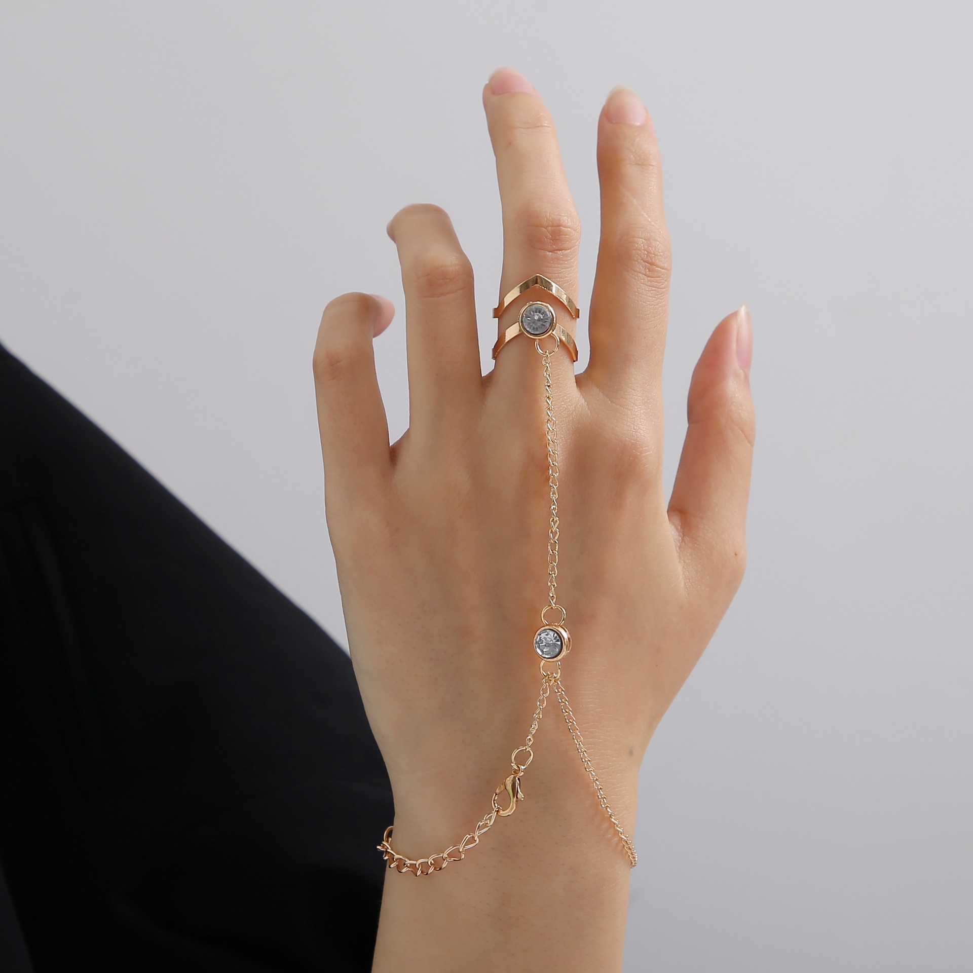 Kvinder finger diamant hule v ring armbånd trekant sammenføjede armbånd hånd tilbage kæde smykker