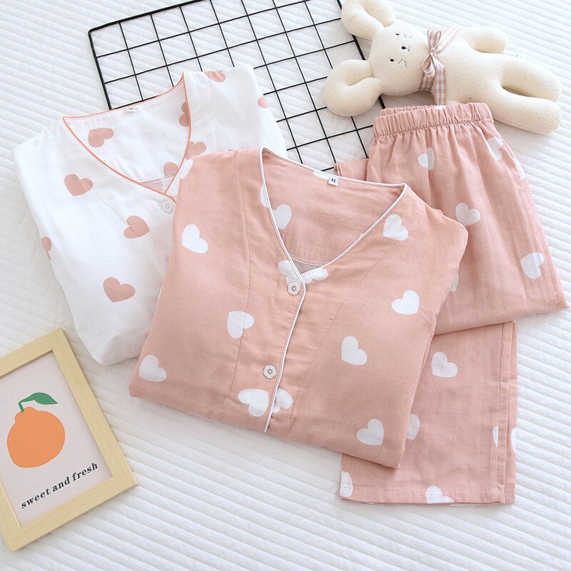 Fdfklak Spring Pajamas Double Gauze Cotton V-Neck Cardigan Lingere Thin With Chest Pad Love Print Sleeping Suits Female