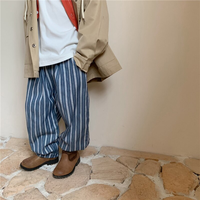 Jongens Retro Dunne Losse Verticale Streep Casual Broek Kids 2 Kleuren Casual Jogger Broek: Blue / 3T