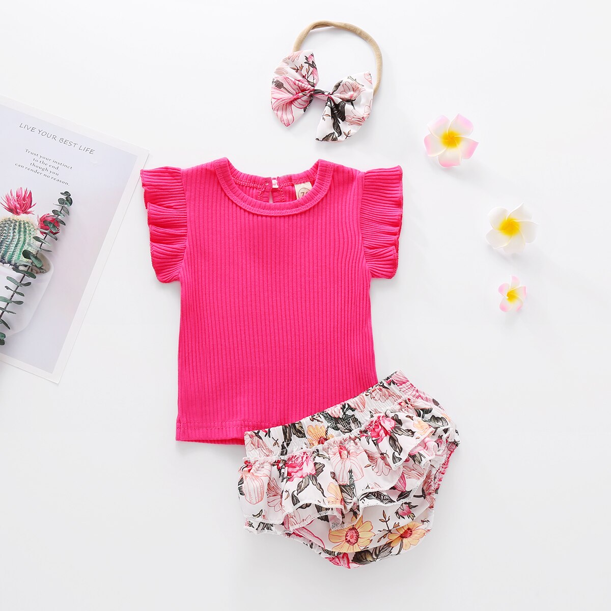 Schattige Baby Meisje Kleding Ruches Mouwloze Top + Bloemenprint Shorts + Hoofdband 3 Stuks Maat 0-24M: C / 6m