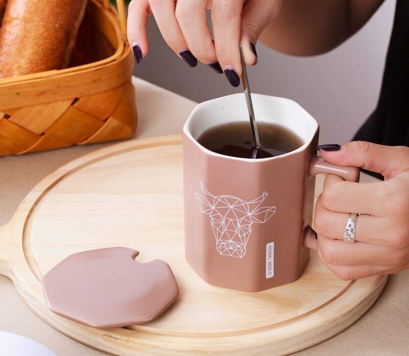 Unique Polygonal ceramic Mug with lid spoon,Male female office mugs couple cups Cartoon cute tea mug Drinkware cup