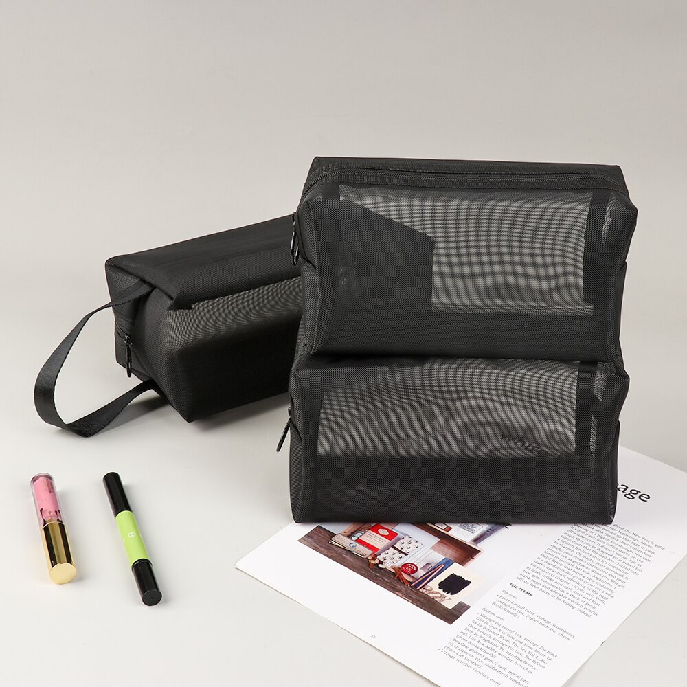 1Pcs Black Mesh Cosmetic Bag Zipper Makeup Bag For Women Wash Toiletry Bag Mesh Package Travel Organizer Storage Pencil Case