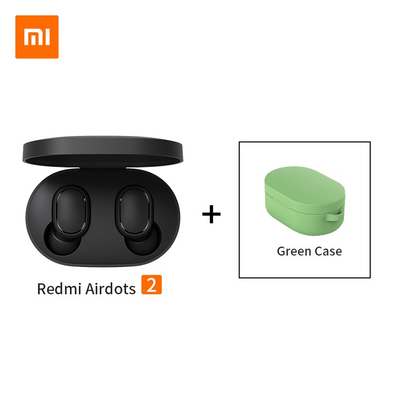 100% Original Xiaomi Redmi Airdots 2 Earbuds AI Control Stereo Bass with Mic Handsfree TWS Wireless Bluetooth 5.0 Earphone: add green case