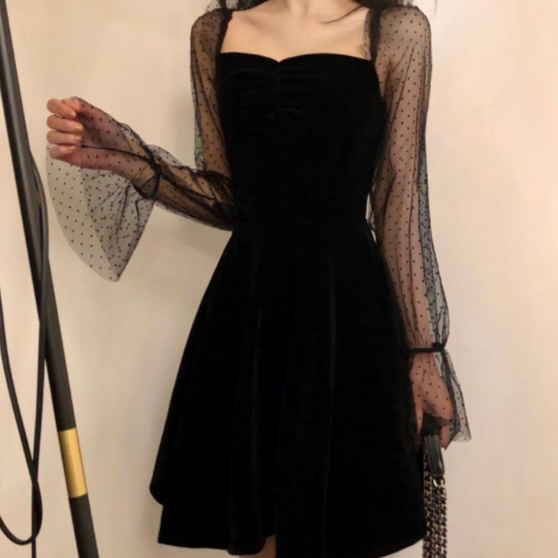 Dress Women Long Sleeve Mesh Transparent Low-cut Leisure Womens Party Dresses Mini Korean Style Loose Patchwork