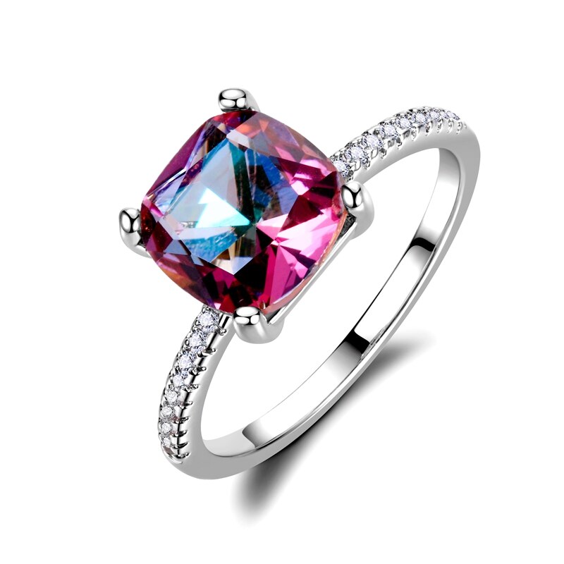 Chamfer Square 8*8MM Mystic Fire Rainbow Topaz Ring for Women Silver Rings Anniversary Jewelry Valentines Day