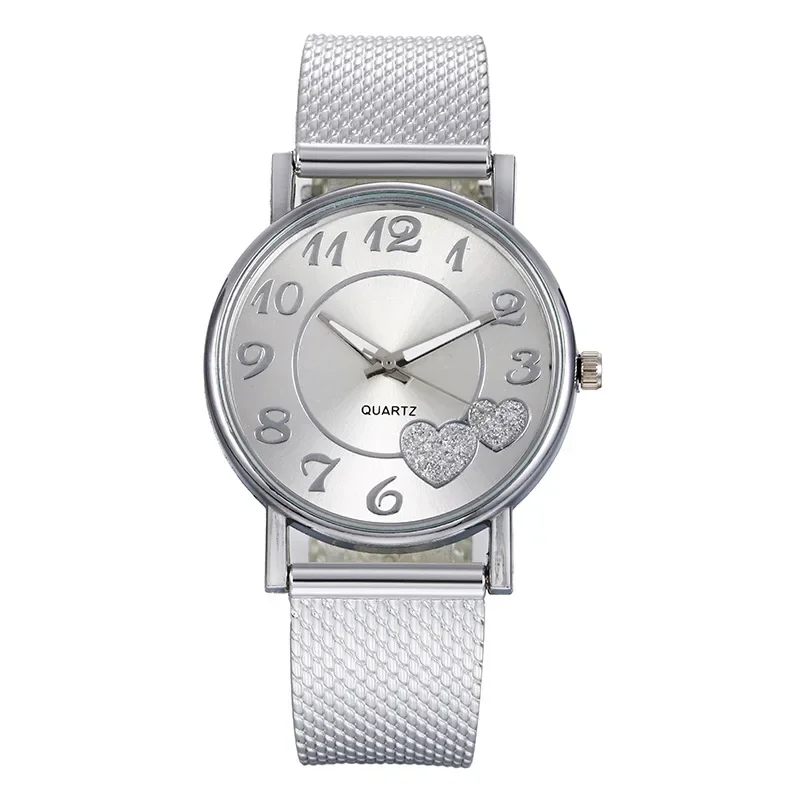 Elegante Rose Gold Herz Zifferblatt Uhr Weibliche Einfache Temperament Schüler Wasserdichte Weibliche Hochrangige Weibliche Luxus Uhren Frauen: Silber