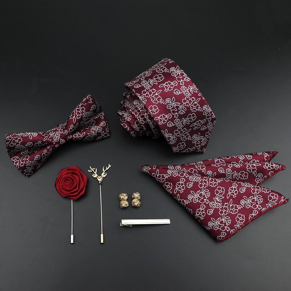 Enfärgad siden herr slips set polyester jacquard vävd slips fluga kostym vintage röd blå för brudgummen företag bröllopsfest