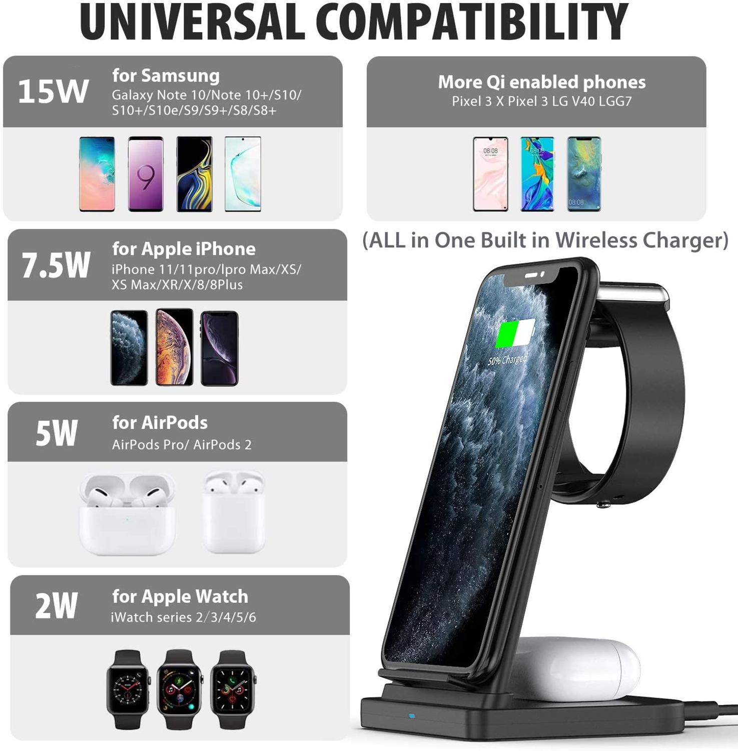 Qi 15W Fast Wireless Charger For iPhone 8 X XR XS 11 12 Pro Max 3 in 1 Charging Station for Apple Watch 6 SE 5 4 3 2 Airpods Pro