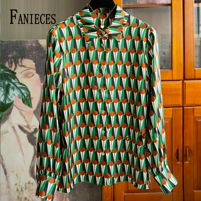 Fanieces Jahrgang drucken grünes frauen hemd langarm revers frühling herbst schlanke Satin- blusen blusas mujer elegantes y Jugendliche