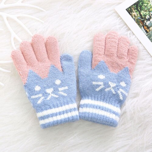 Cat Splice Mittens Winter Baby Boys Girls Knitted Gloves Warm Rope Full Finger Mittens Gloves for Children Toddler Kids: Blue