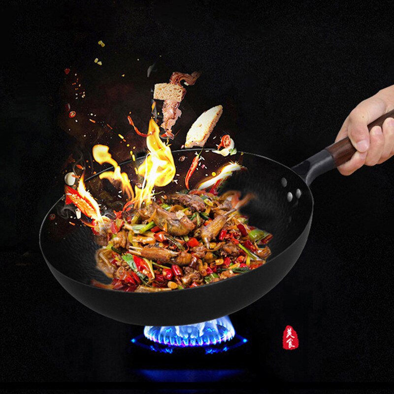 Traditional Iron Wok Pan Non-coating Non-stick Cooking pots Chinese Cookware induction Kitchen Utensils