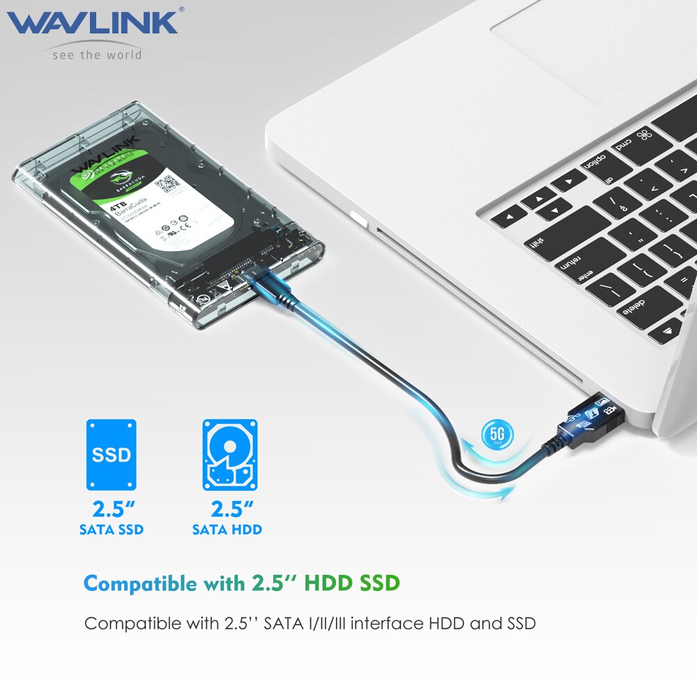 Wavlink USB 3.0 SSD Enclosure to SATA Hard Drive Docking Station UASP for 2.5" HDD SSD Up To 2TB 5Gbps External HDD Enclosure