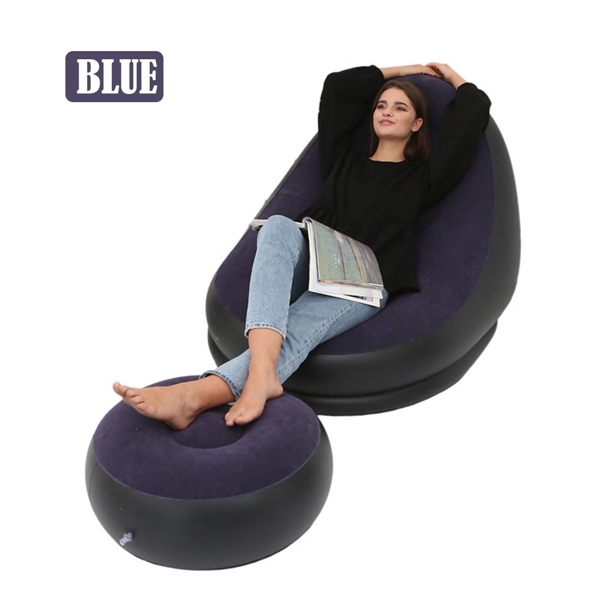 Bönsäck lata soffa uppblåsbara fällbara fåtöljer utomhus bäddsoffa med pedal bekväm flockande enkel soffstol stol beläggning: Blå