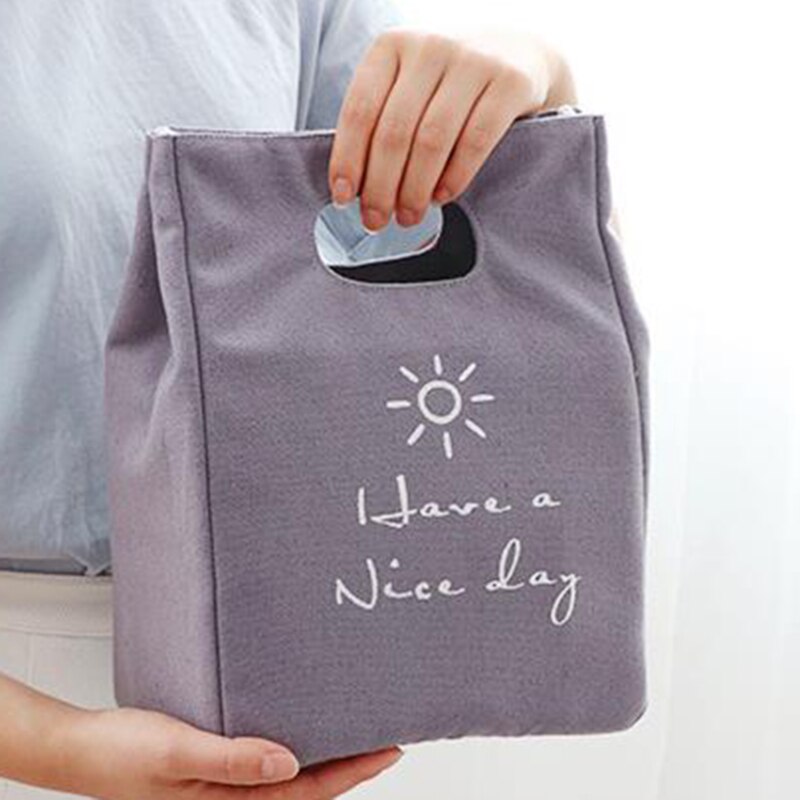 Cotton Canvas Lunch Box Insulation Bag Picnic Bag Simple Letter Type Large Capacity Multi-Purpose Cloth Bag Foods Organizer: A-gray