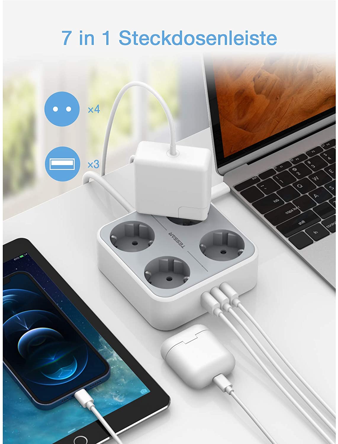 Desktop Power Strip with 1.5M/5ft Wire 3 USB Ports On/Off Swtich Mountable Multi Outlet EU Plug Socket Mini USB Charging Station