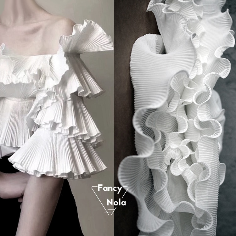 Wit/Zwart Plisse wave Textuur 3D Stereo Falbala Flouncing Kant Trouwjurk jurk stof Trimmings FG007