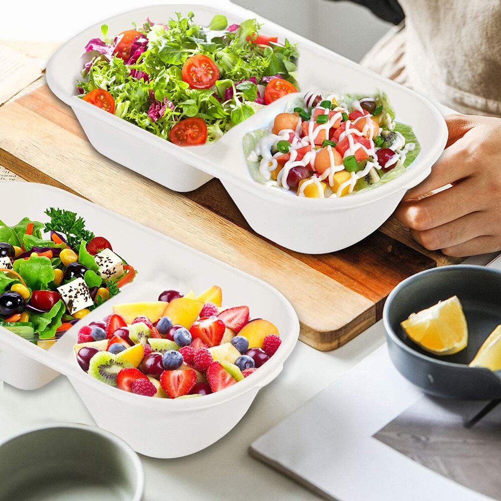 50Pcs Disposable Bento Boxes Sugar Cane Fiber Compostable 2 Compartments Microwave Lunch Boxes Portable Food Storage Containers