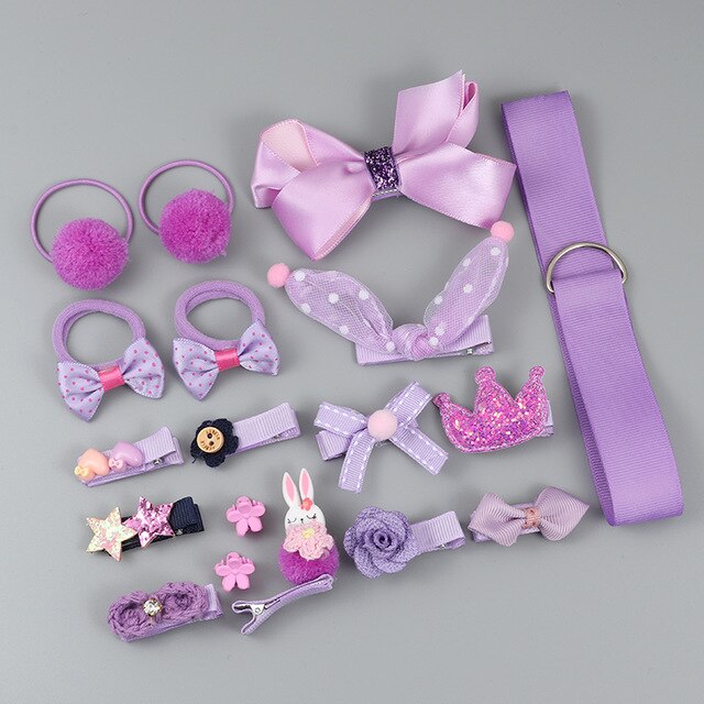 Conjunto con rizador de pelo para niña, accesorios bonitos para el pelo sombreros de niña, lazo de flores, horquillas animales, banda para el pelo, tocado elástico de dibujos animados, , 18 piezas: 18pcs-6 Purple