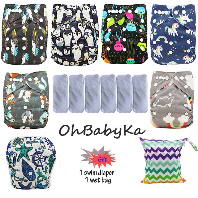 Ohbabyka Baby Cloth Diaper Couche Lavable Training Pants 6pcs Reusable Pocket Diaper Cover+6pcs Bamboo Insert Baby Nappies: 87