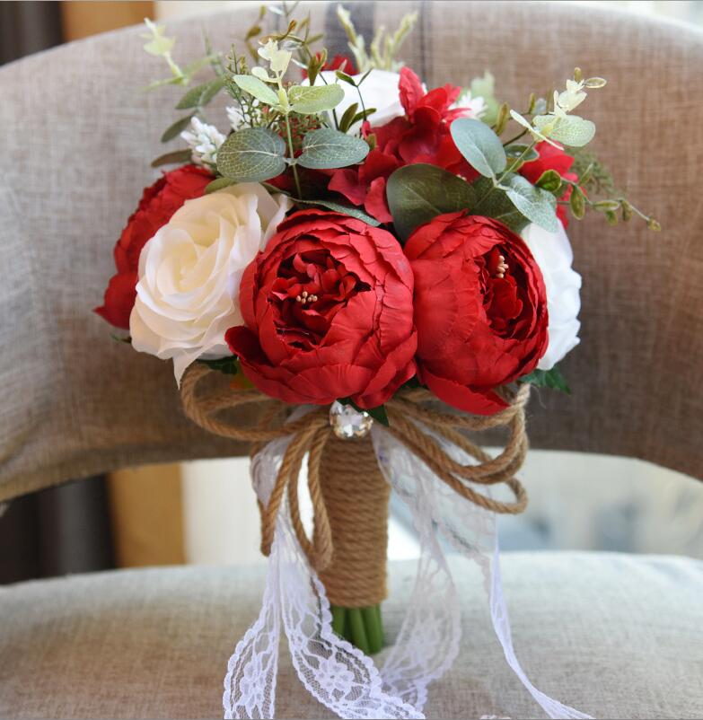 Missrdress buquê de casamento champanhe rendas buquês de noiva flores artificiais estilo rústico flores de casamento para casamento accessorie: Red