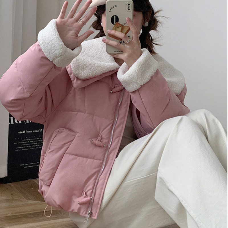 Chic Faux Lamb Wool Collar Parkas for Women Winter Mix Color Cotton Padded Jackets Woman Pockets Warm Parkas Female: XL / Pink