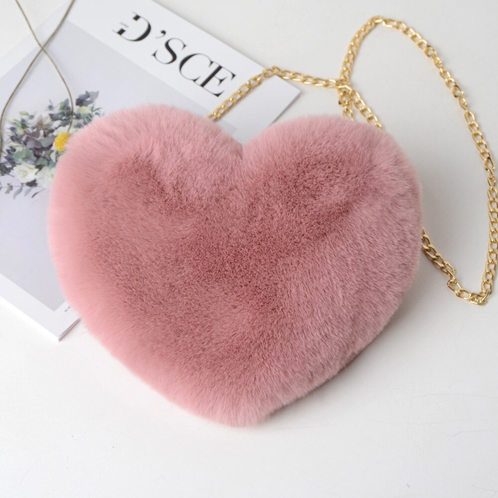 Women Heart Shaped Bag Female Chain Messenger Bag Plush Love Shoulder Crossbody Bag Winter Fur Hand Bags: F