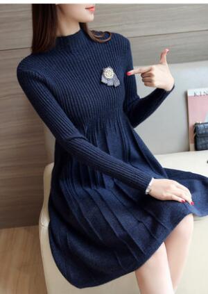 Korean Knit Sweater Dress Women Clothing Autumn Winter Slim Pullover Knit Dress Warm Casual Sweater: Navy / L