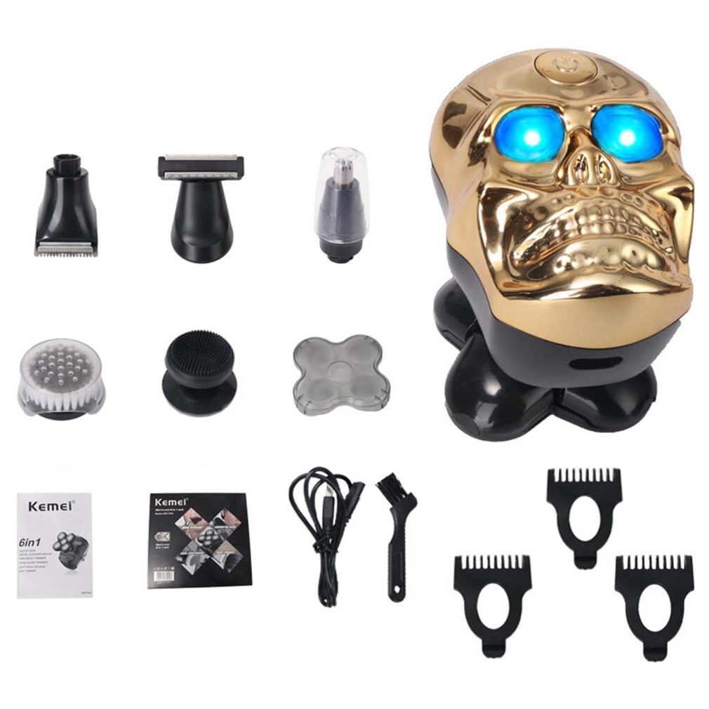 Six In One Multi Function Razor Bald Hair Clipper Shaver Skull Shaped Haircut Tool USB Haircut Machine