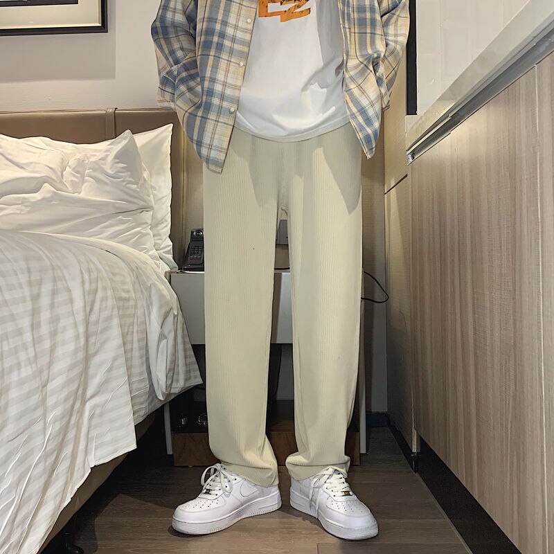 Geplooide Broek Mannen Mode Casual Wijde Broek Mannen Streetwear Koreaanse Lente Zomer Ijs Zijde Broek Heren Rechte broek: S / milky