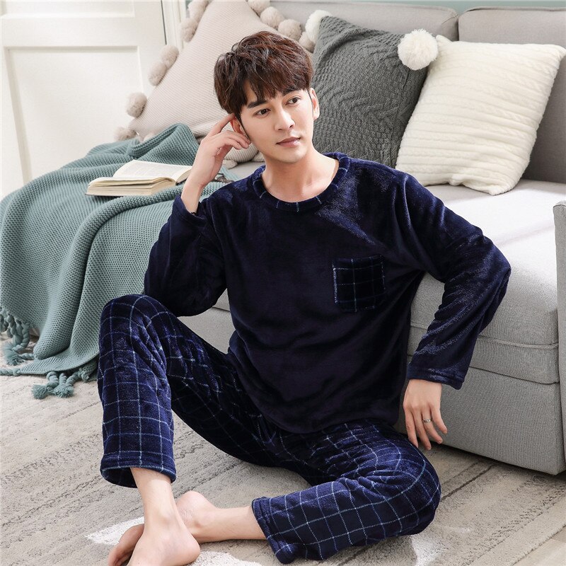 Vinter tykkere varm myk blå flanell pysjamas sett for menn natt pyjamas mannlig langermet pyjamas nattøy dress tilfeldig hjemmeklær