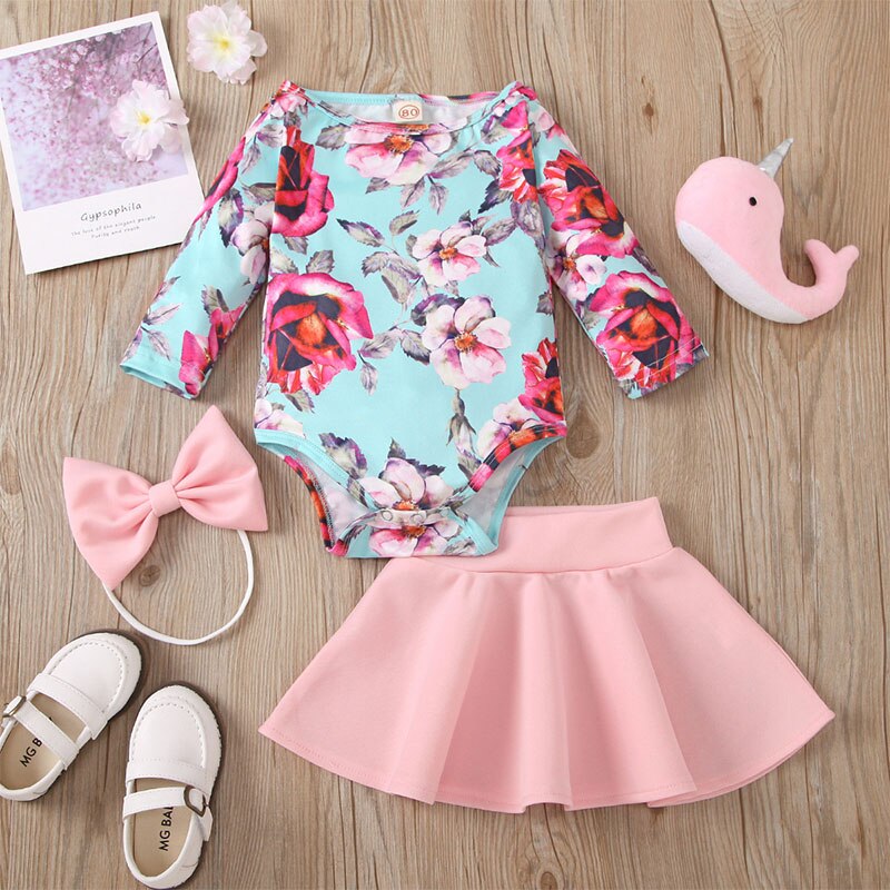 Lente En Herfst Baby Meisje Kleding Set 3-36M Print Bloemen Lange Mouw Korte Rok Hoofdband 3pcs Peuter Kids Outfits: 6m