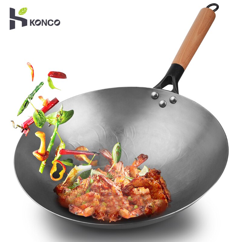 Konco Non-stick Handgemaakte Wok Ongecoat Chinese Gietijzeren Pot Koekenpan Keuken Pot Koekenpan