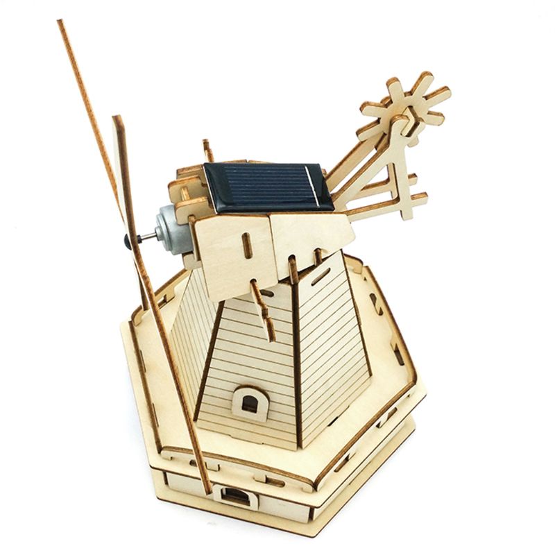 3D Assembled Wooden Puzzle Solar Energy Powered Windmill Jigsaw Model Building Kits for Adults Kids Educational Toy