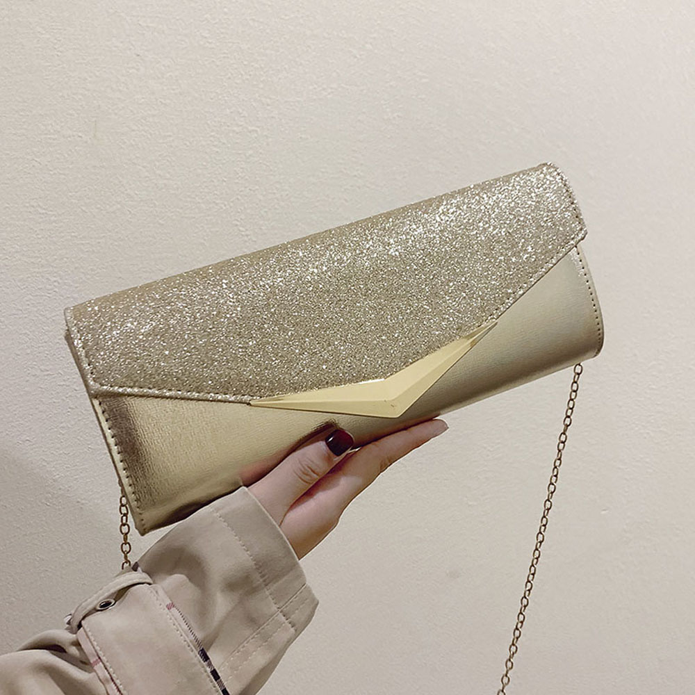 Kvinner konvolutt håndveske gullkjede dag clutch dame bling glitter crossbody vesker bryllupsfest middag kveldsveske sølv  xa593h