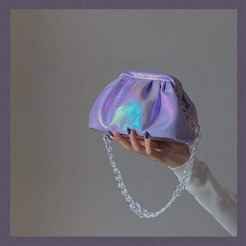 Bolso de hombro con de nube holográfica para mujer, mini bandolera de lujo con pliegues de cadena, , para de noche