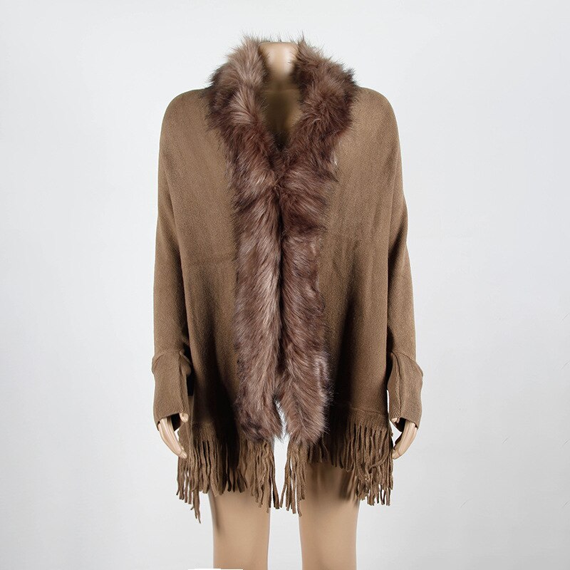 Cardigan strikket sweater kvinder casual streetwear frynsede kappe sjal pelskrave kappe cardigan sweater dame sjal sweater: Let kaffe